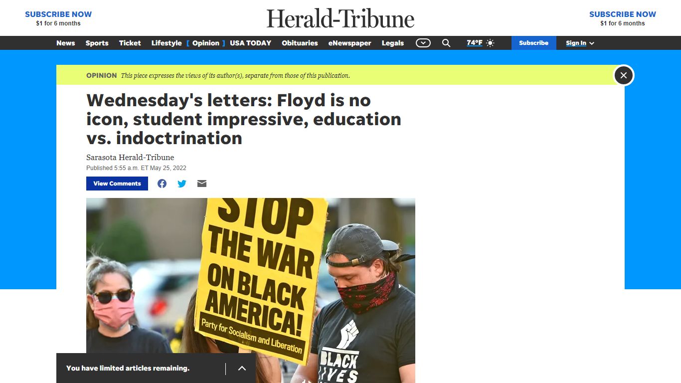 Floyd a criminal, not an 'icon,' Pine View columnist impressive